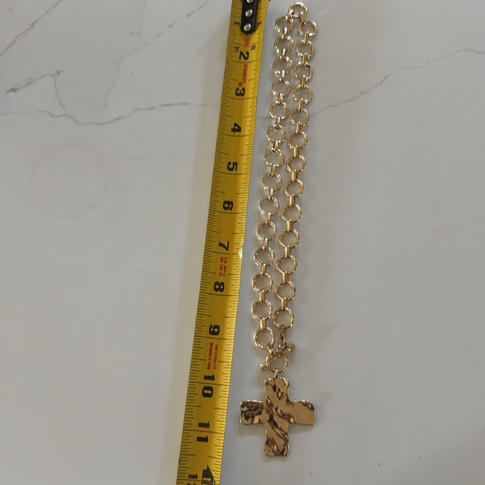 Gold Boho Chunky Hammered Cross Pendant Necklace - Picture 6 of 8